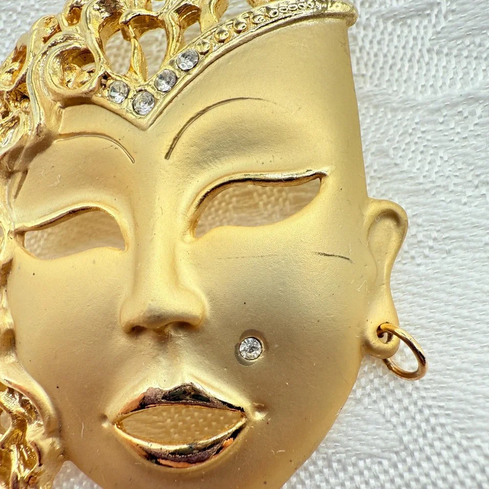 Vintage Gold Tone Theater Mask Woman Face Brooch w/ Rhinestones and Flowing Hair